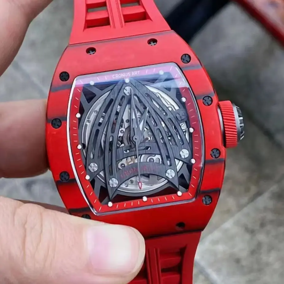 CRONUSART Men Automatic Watch Tonneau Mechanical Wristwatch Carbon Fiber Case Luminous Sapphire Mirror SkeletonApollo Dial SW200