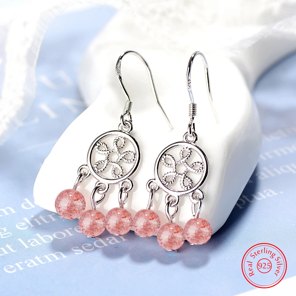 

Quality New Women's 925 Stelring Silver Jewelry Fashion Strawberry Quartz Beads Drop Earrings FQL25092