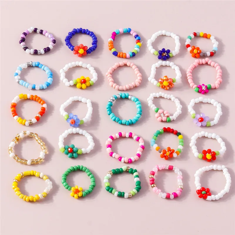 Aihua Korean Colorful Small Flower Ring Sets Bohemia Handmade Multi Beaded Rice Beads Finger Ring For Women Beach Jewelry Gifts