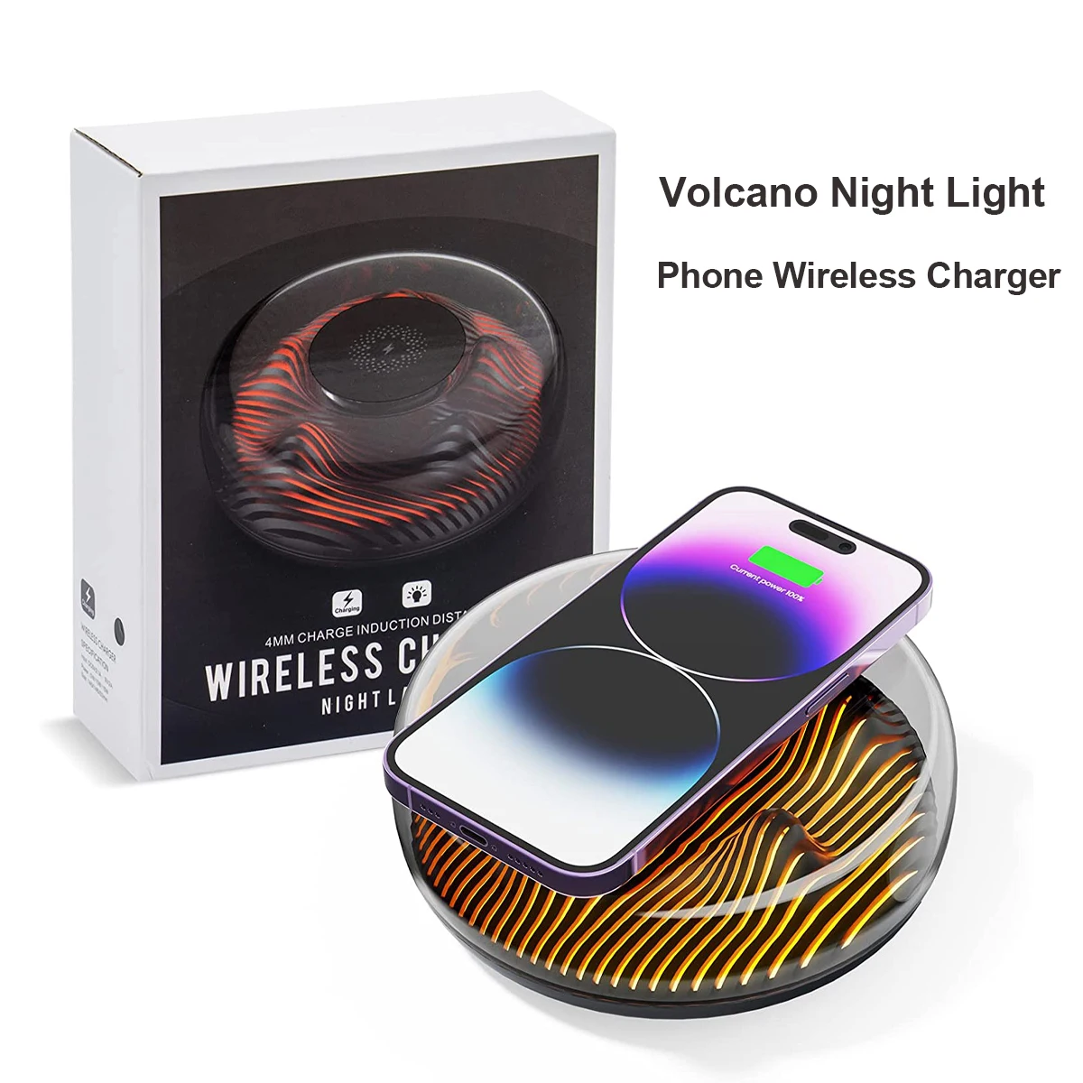 Cell Phone Wireless Charger with Volcano Shaped Bedside Night Light