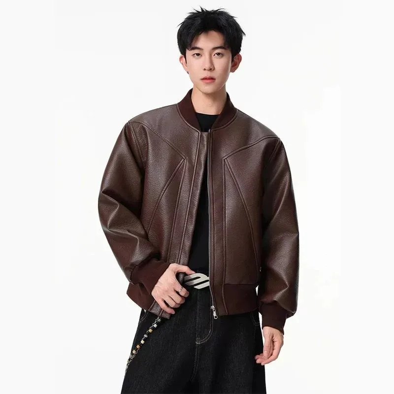 

Мужская куртка из искусственной кожи в американском стиле, короткая, с воротником-бомбером, кожаная куртка, мужская верхняя одежда, весенне-осенняя мотоциклетная куртка, мужская куртка