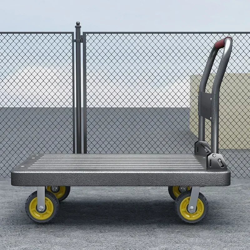 Household Goods Thickened Silent Steel Plate Truck  Trolley Four-wheel Pulling Trolley Household Flatbed Truck Small Trailer
