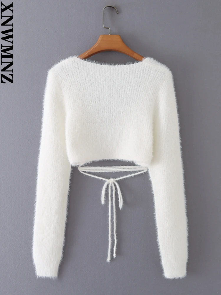 XNWMNZ 2022 Women Fashion White Plush Fleece Long Sleeve Thin Strap Sweater Woman Retro Short Pullover Female Chic Sweater