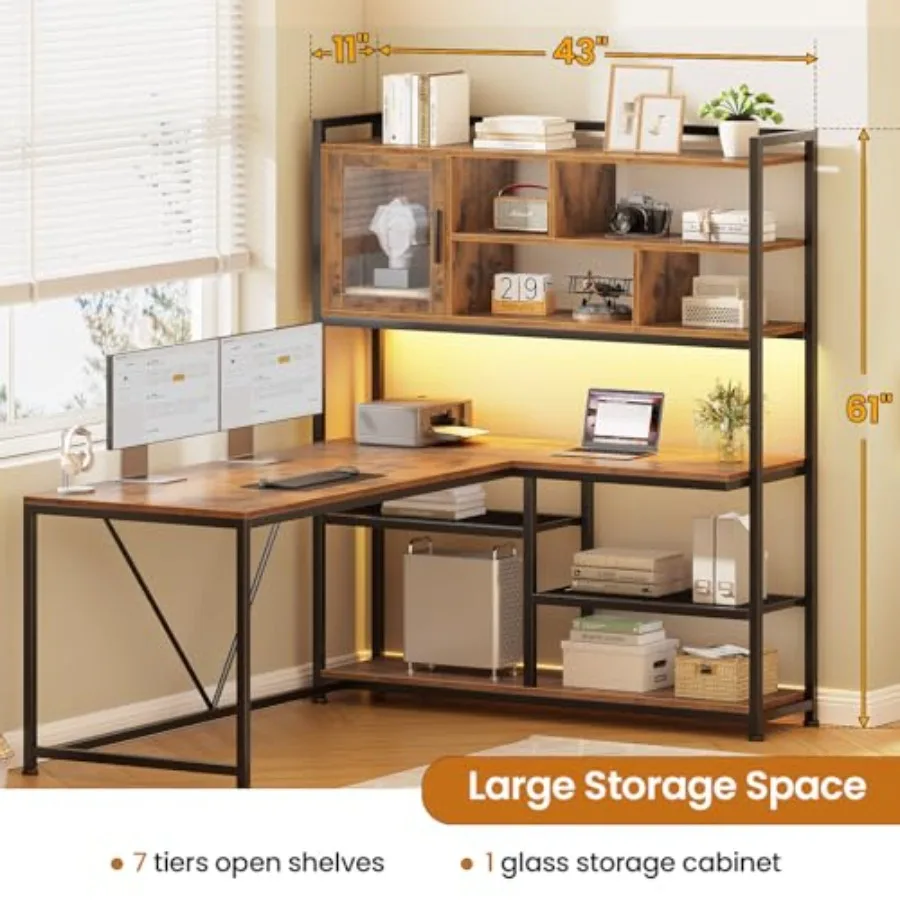 L Shaped Computer Desk with Storage Shelves and Bookshelf for Home Office, Engineered Wood, White, Space-Saving Design with Adj