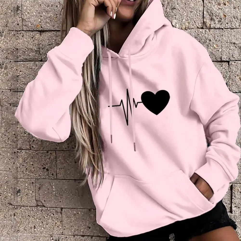 Heart Print Women Hoodie Drawstring Pullover Spring Hoodies Young Style Long Sleeve Lazy Style Loose Hooded Loose Sweatshirt