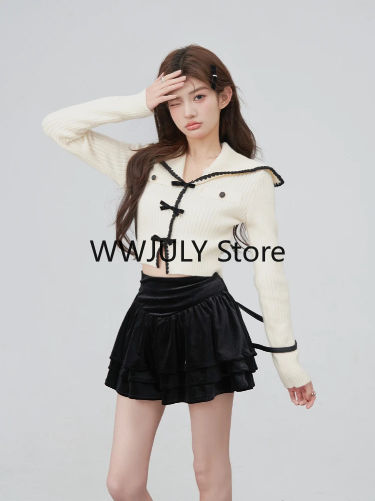 Pure Color Knitted Sweater Woman Korea Fashion Y2k Crop Tops Long Sleeve Basic Elegant Pullover Bow Design Casual 2023 Autumn