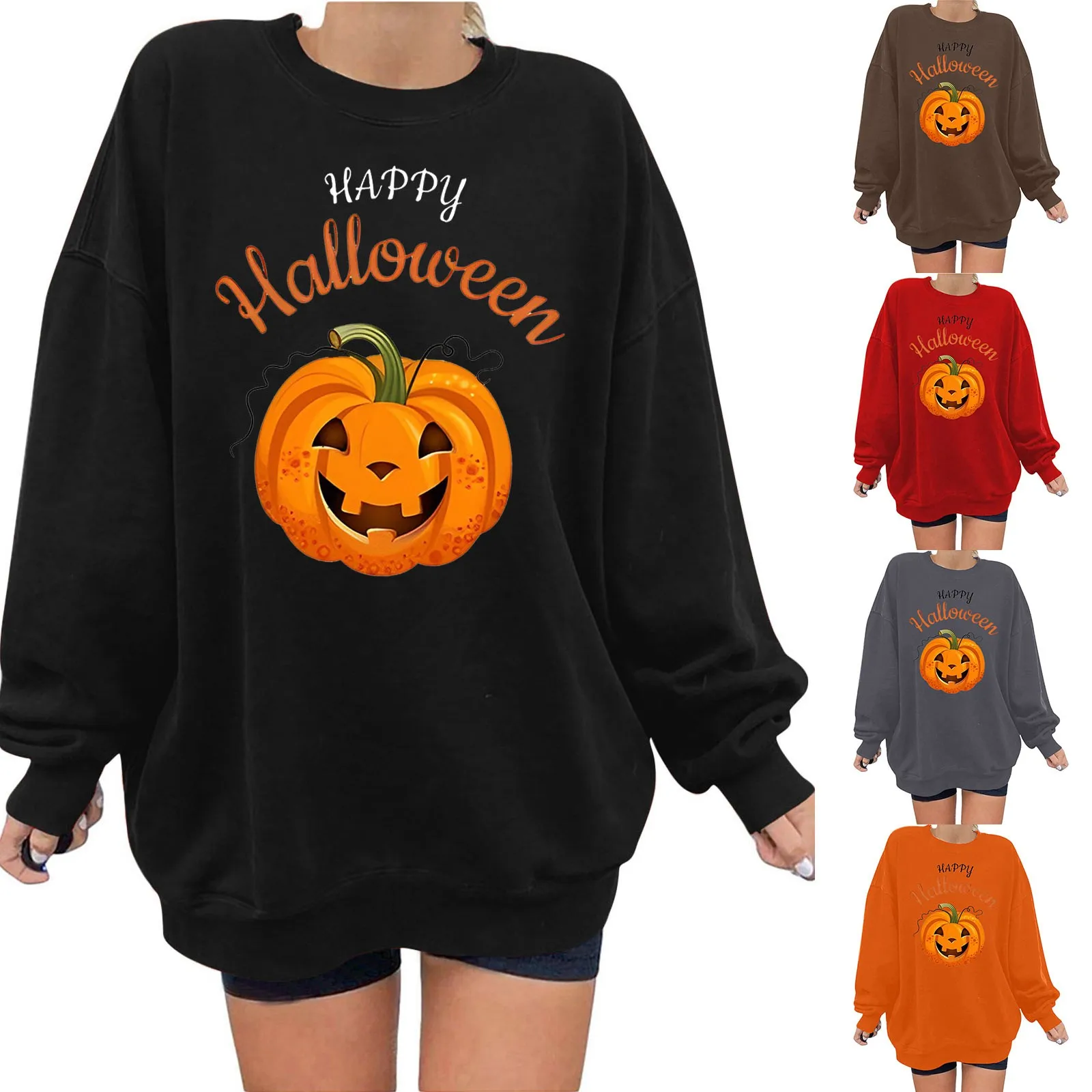 

Zip Front Sweatshirt Women Pullover Round Neck Loose Hooded Sweatshirt With Halloween Print Pattern Sweatshirt