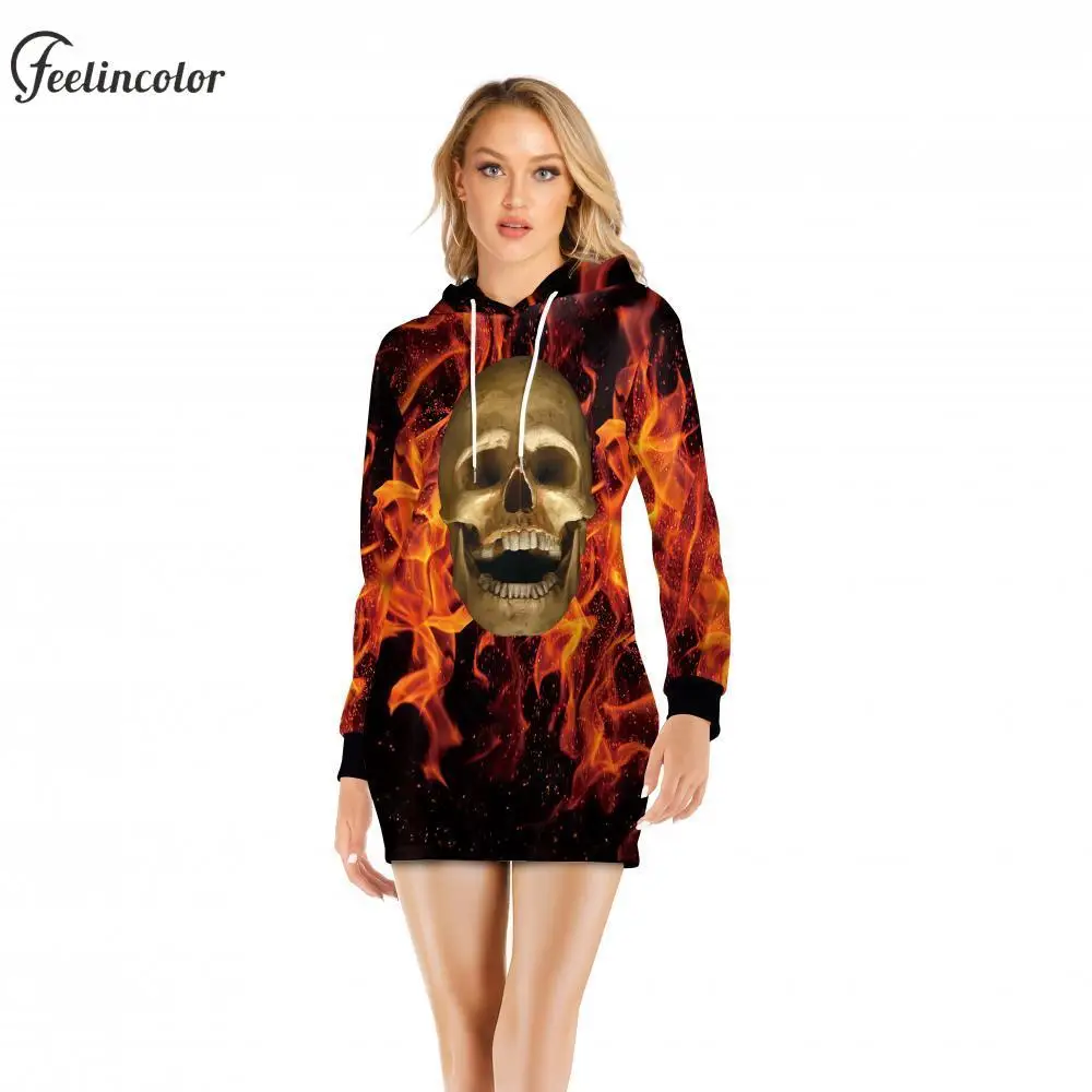 Skull Pumpkin Ghost Print Hooded Sweatshirt Dress Women Halloween Pullover Autumn Winter Fashion Hoodie Full Cover Print Clothes