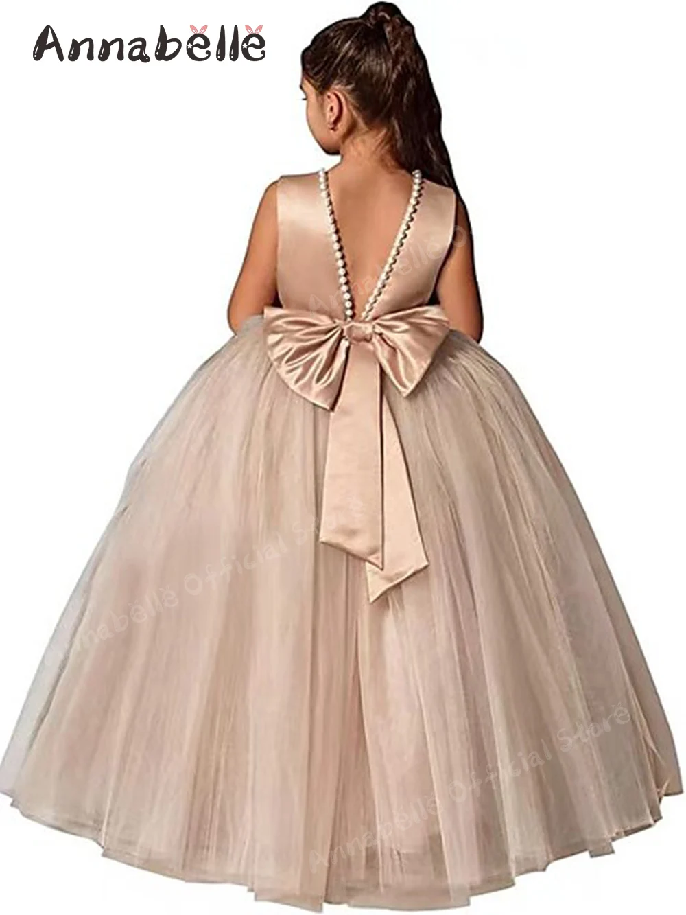 Annabelle Princess Girls Dress Pearl Embellished Collar Shape Summer Flower Girl Wedding Dress Piano Performance Dress