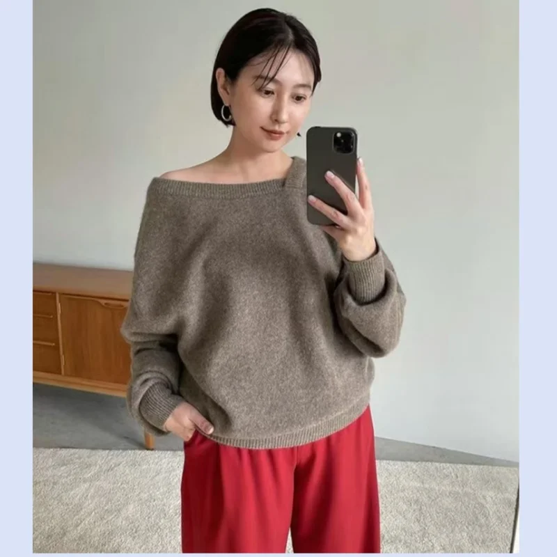 24 Autumn New Off Shoulder Cashmere Sweater Japanese Sexy Design Sweater