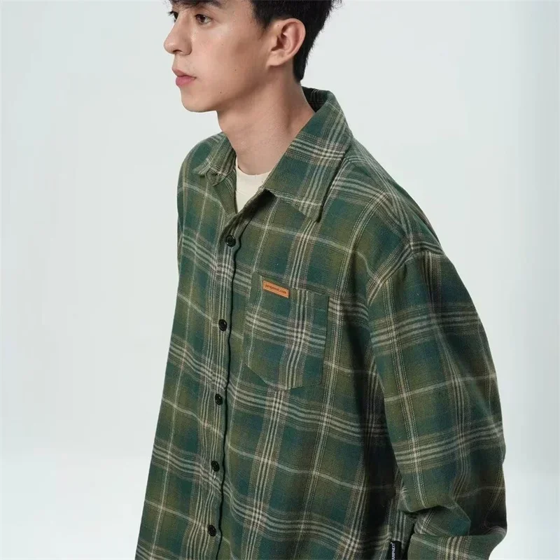 Autumn Long Sleeve Plaid Shirt For Men 2024 New Y2K Vintage Streetwear Baggy Lapel Pocket Tee Shirts Korean Fashion Blouse