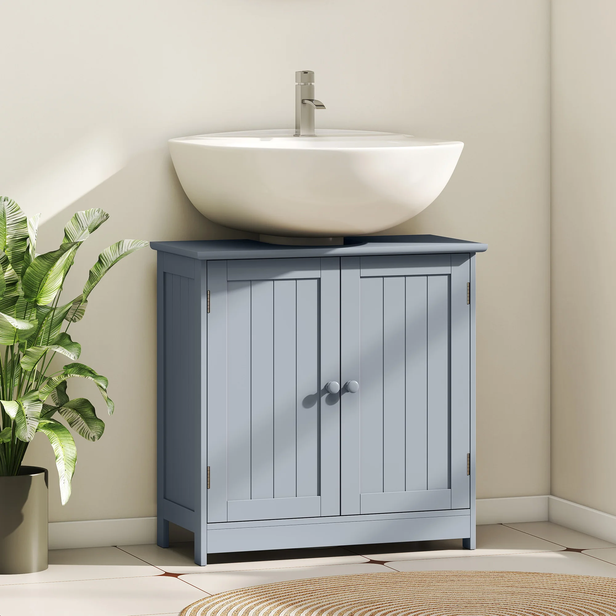 Under Sink Bathroom Cabinet, Pedestal Sink Storage Cabinet with 2 Doors, Shelf and U-Shape, Gray