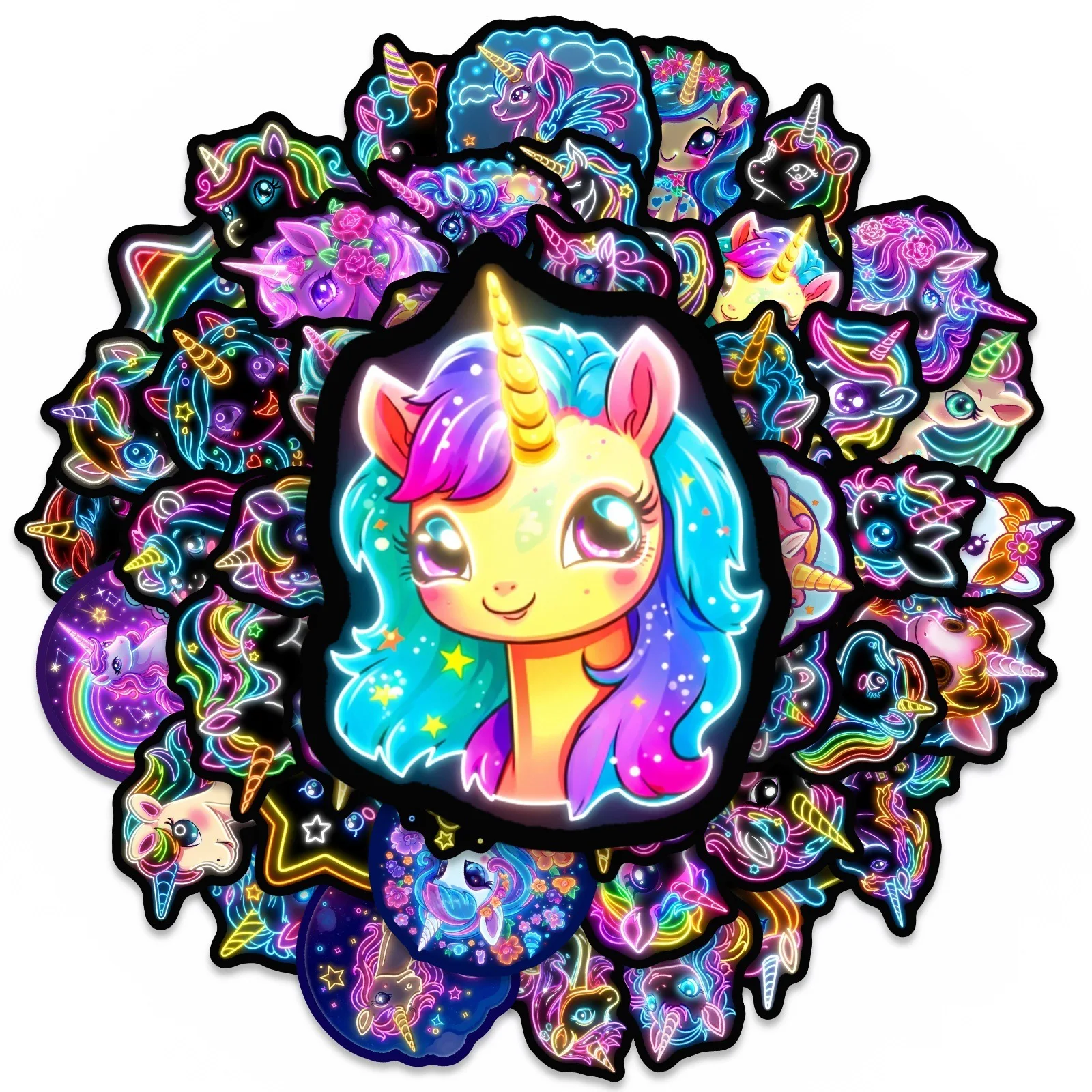 50/100 Pcs Cartoon Neon Rainbow Horse Stickers, Vinyl Waterproof for Phone Laptop Suitcase Notebook Fridge Scrapbook Decals