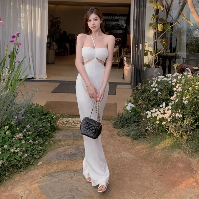 French Romantic White One Shoulder Strap Jumpsuit Banquets Dinner Party Date Onesie Lady Elegant Wide Leg Hollow Luxury Rompers