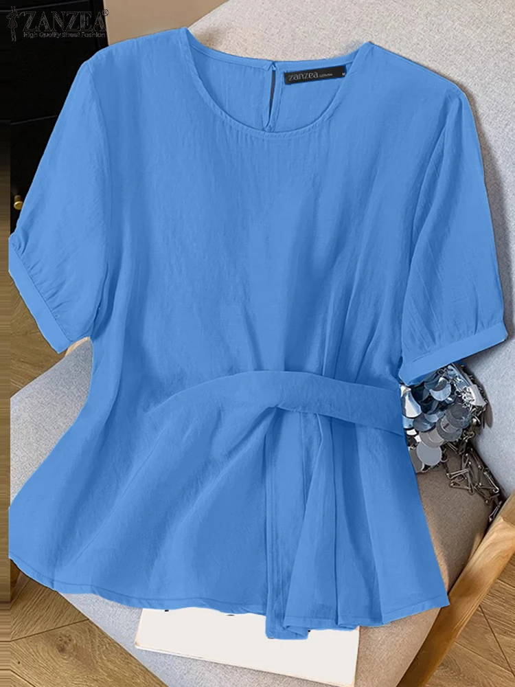 

ZANZEA женские повседневные блузки с завязками на талии, летние плиссированные блузки с короткими рукавами и круглым вырезом, Blusas Mujer, уличная мода, однотонные топы