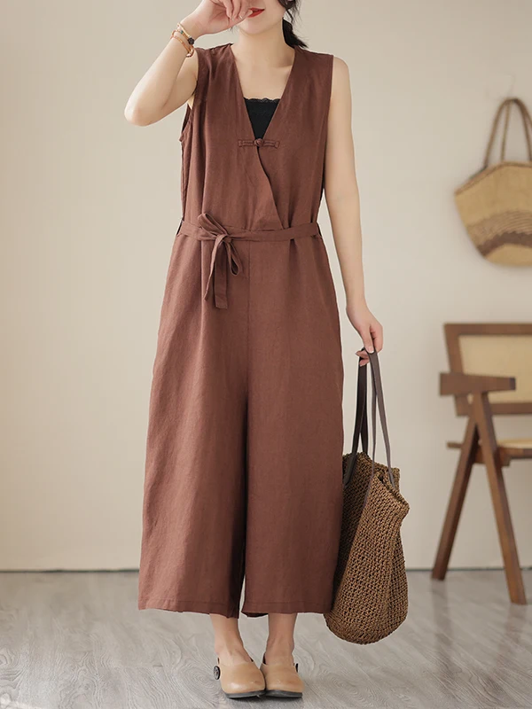 

Summer Cotton Linen Wide Leg Pants Women's Svel Jumpsuit Casual Loose Lazy Sle Small Size High Waist Nine Points