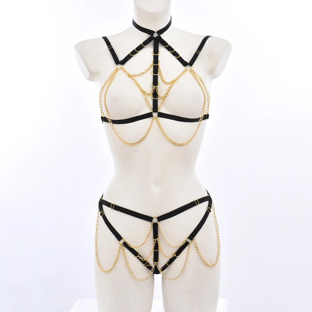 

Hollow Halloween Rave Accessories Body Harness Cage Belt Pole Dance Sexy Lingerie Set Black Elastic Bondage Harness Body Chain