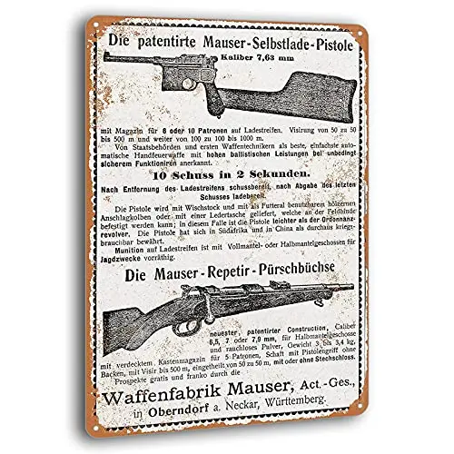Vintage 1901 Waffenfabrik Mauser Rifles and Pistols Metal Sign Poster Gym Shop Man Cave Wall Decor Tin Signs 8 x 12 inches sign