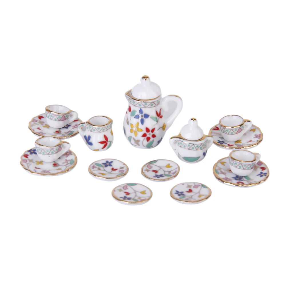 15 Flower Ceramic Porcelain Dolls House Miniature Tea Service Set