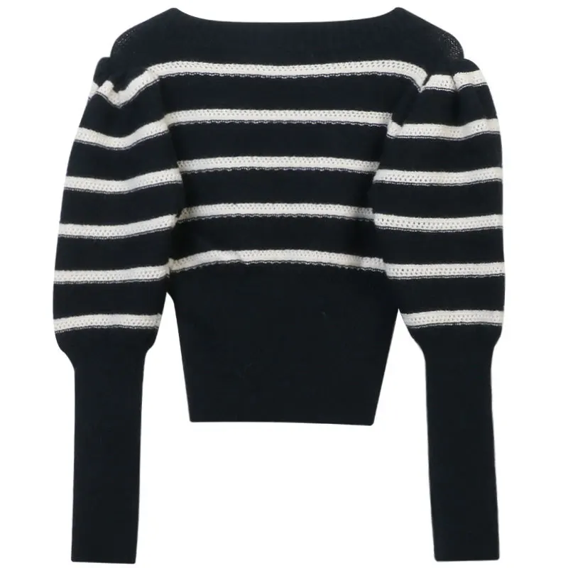 Black and white Spell color stripe love three-dimensional splicing slim square collar jumper Women Autumn Winter Sweater q339