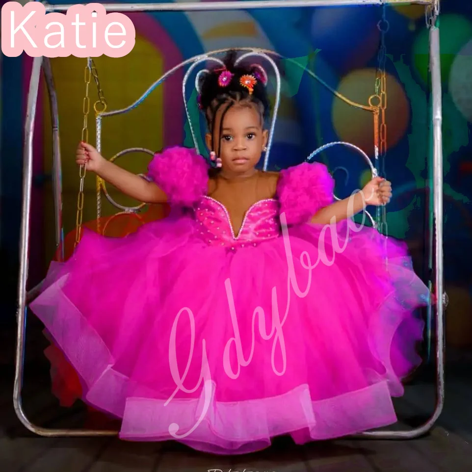 فستان فتاة الزهور الحمراء لحفلات الزفاف رقبة شفافة مطوي الكشكشة المتدرج تول الترتر فستاين سهرة/فساتين الحفلات أعياد ميلاد الأطفال فستان التواصل الأول