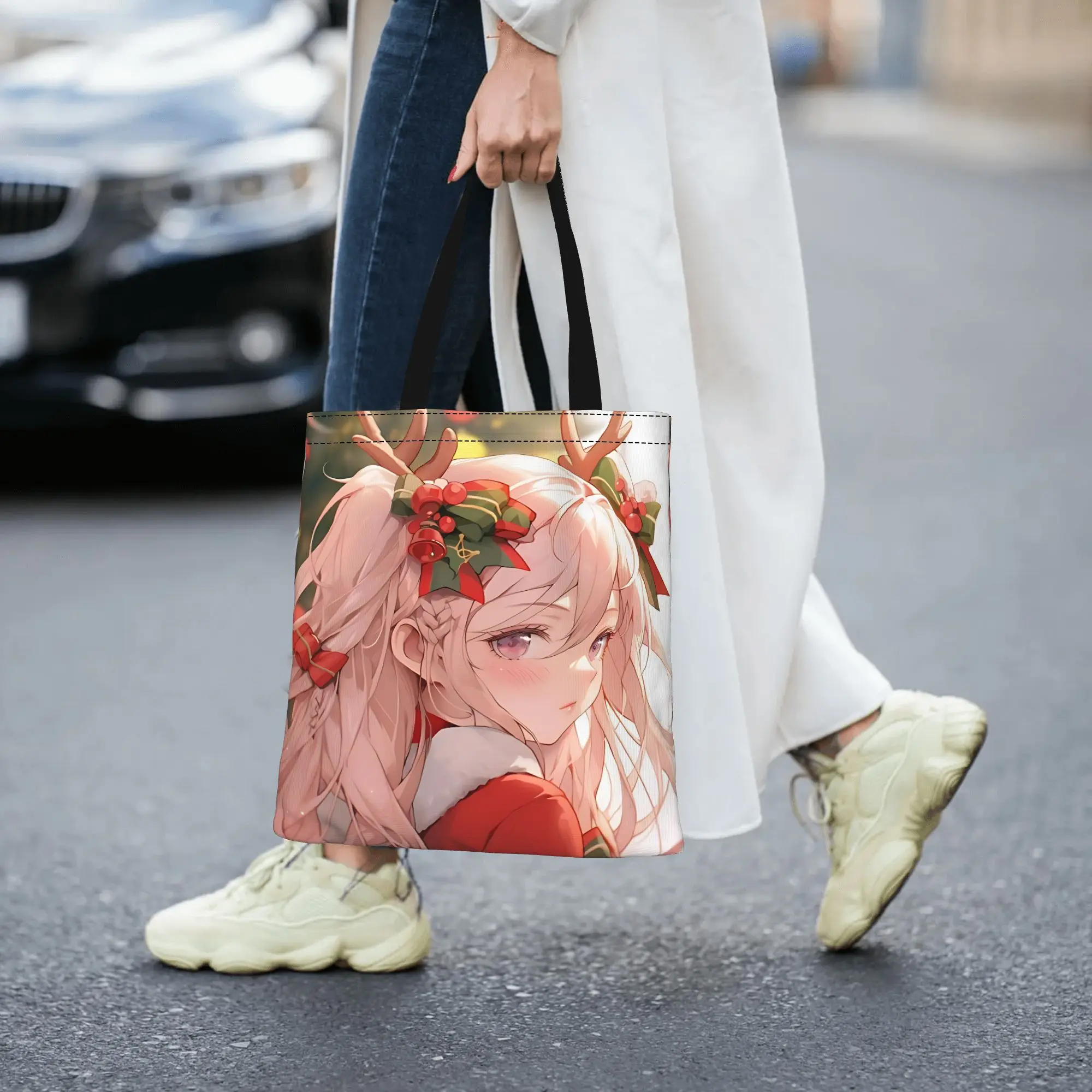 Customized Anime Girl Reindeer Horn Print Women's Bag Shopping Bag Reusable Double Sided Canvas Tote Bag Shoulder  Handbag