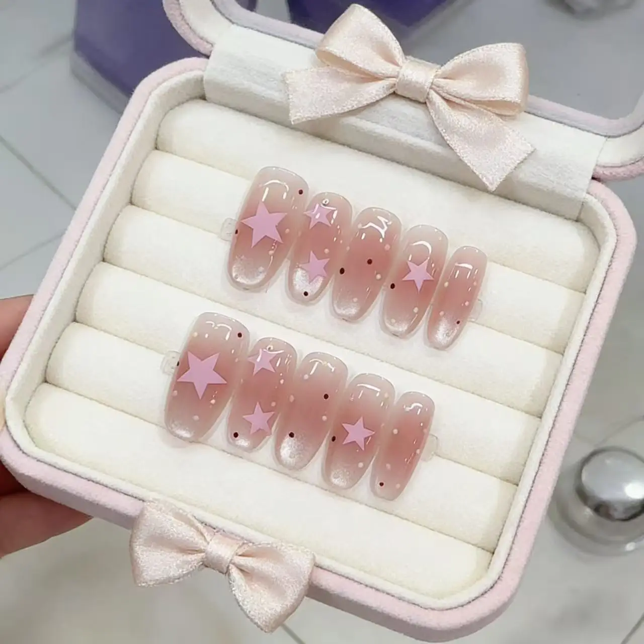 

10pcs Star and Ripple Handmade Nails Painted Pink Press on Nail Medium Oval Full Coverage Nail Tips for Women&Girl False Nail