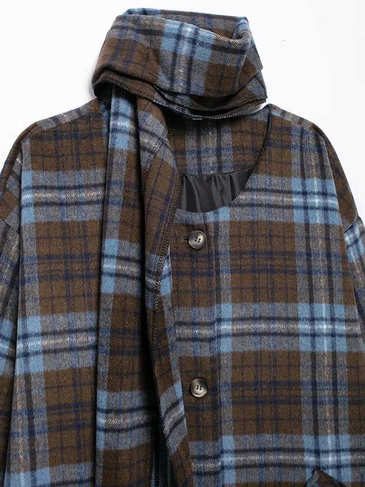 2024 herbst/Winter Europäischen Stil Damen Retro Casual Schal Kragen Blau Plaid Woolen Langen Mantel