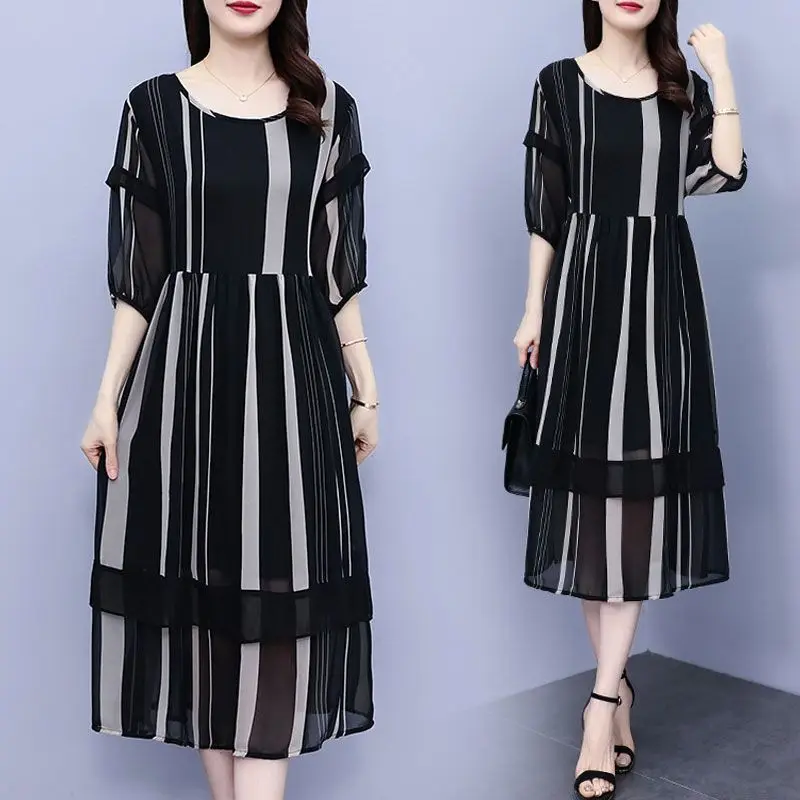 

Korean Striped Printed Chiffon Dresses Women's Clothing Casual 3/4 Sleeve Summer Stylish Round Neck Patchwork A-Line Mini Dress