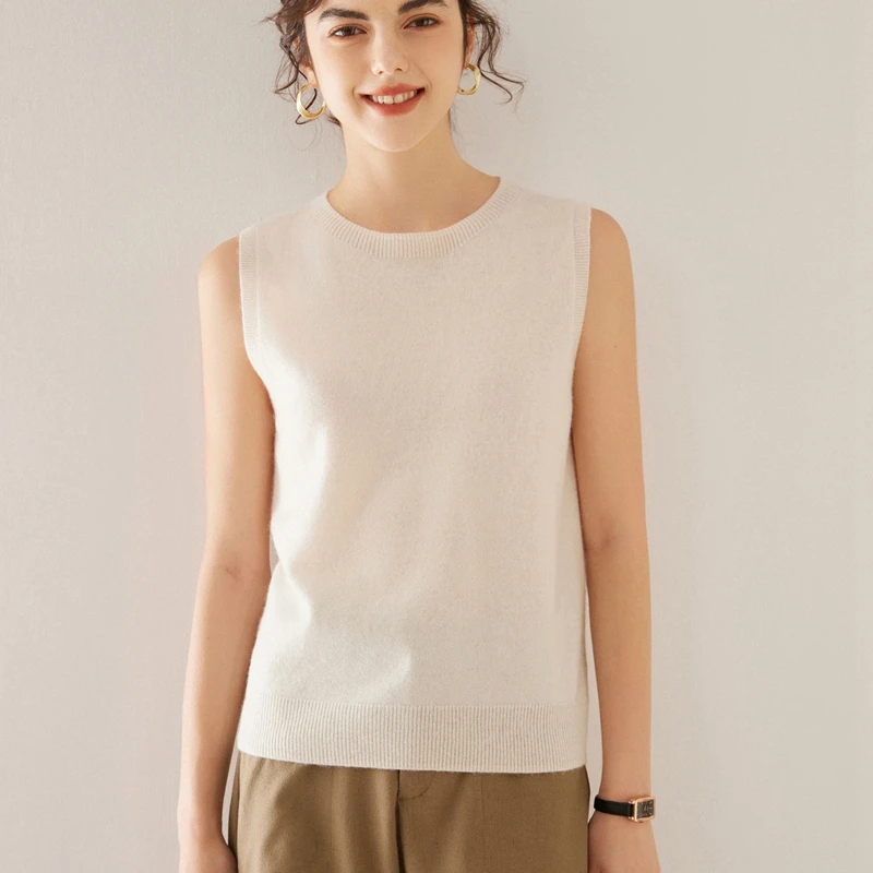 Summer New Women's O-Neck Knitted 100% Cashmere T-shirt Tank Top Fashion High end Short Women's Pullover Sleeveless Tank Top Thi image 2