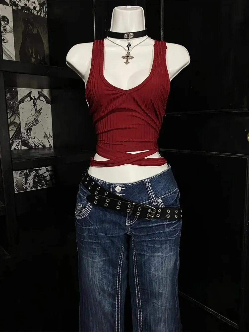 

2025 Summer new retro solid color high street vest sexy hot girl strap sleeveless top punk goth T-shirt vest tops