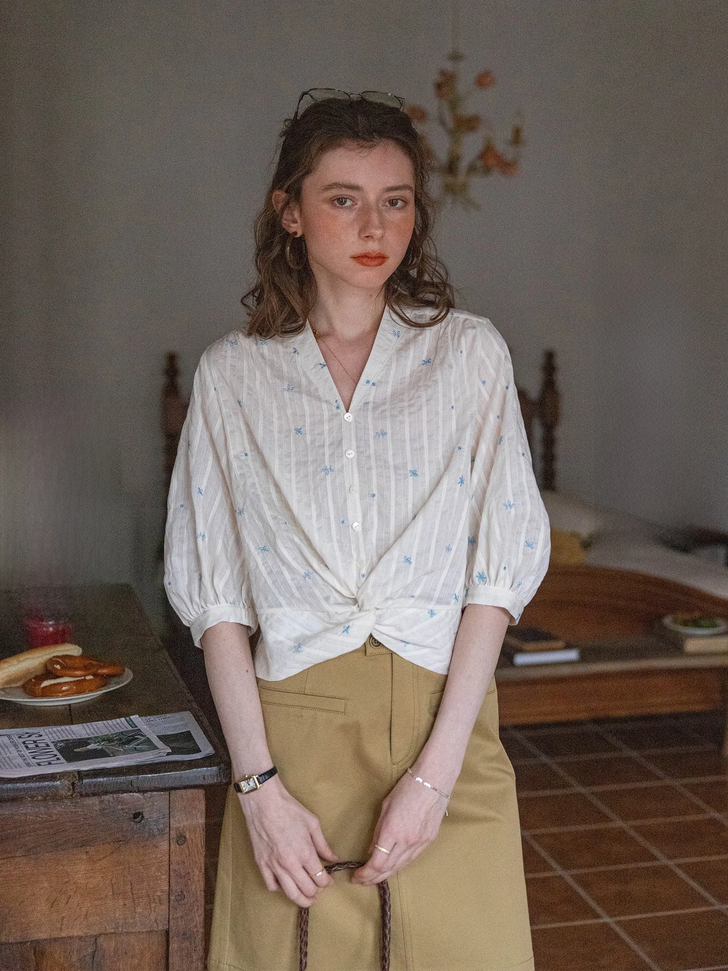 

French Style Cotton Blend Shirt with Knot Design Embroidered Oxygen Sensation Striped Texture Short Length Women's Top