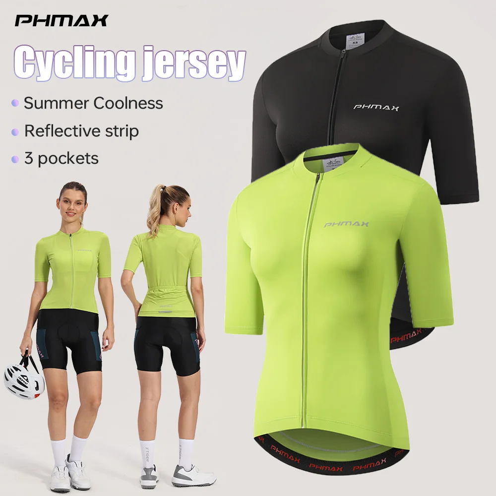 PHMAX Damen-Radtrikot, atmungsaktiv, für den Sommer, MTB, Rennrad, reflektierender Streifen, 3 Taschen, kurzärmlig, Radtrikot