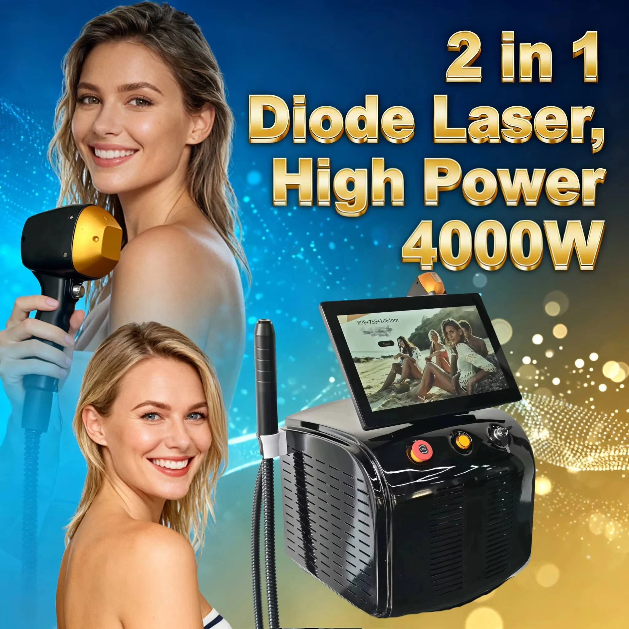 

Высокомощный лазерный аппарат для удаления волос Soprano New Technology Titanium Ice Platinum 2-в-1 с 4 волнами, 4000 Вт, ND:YAG