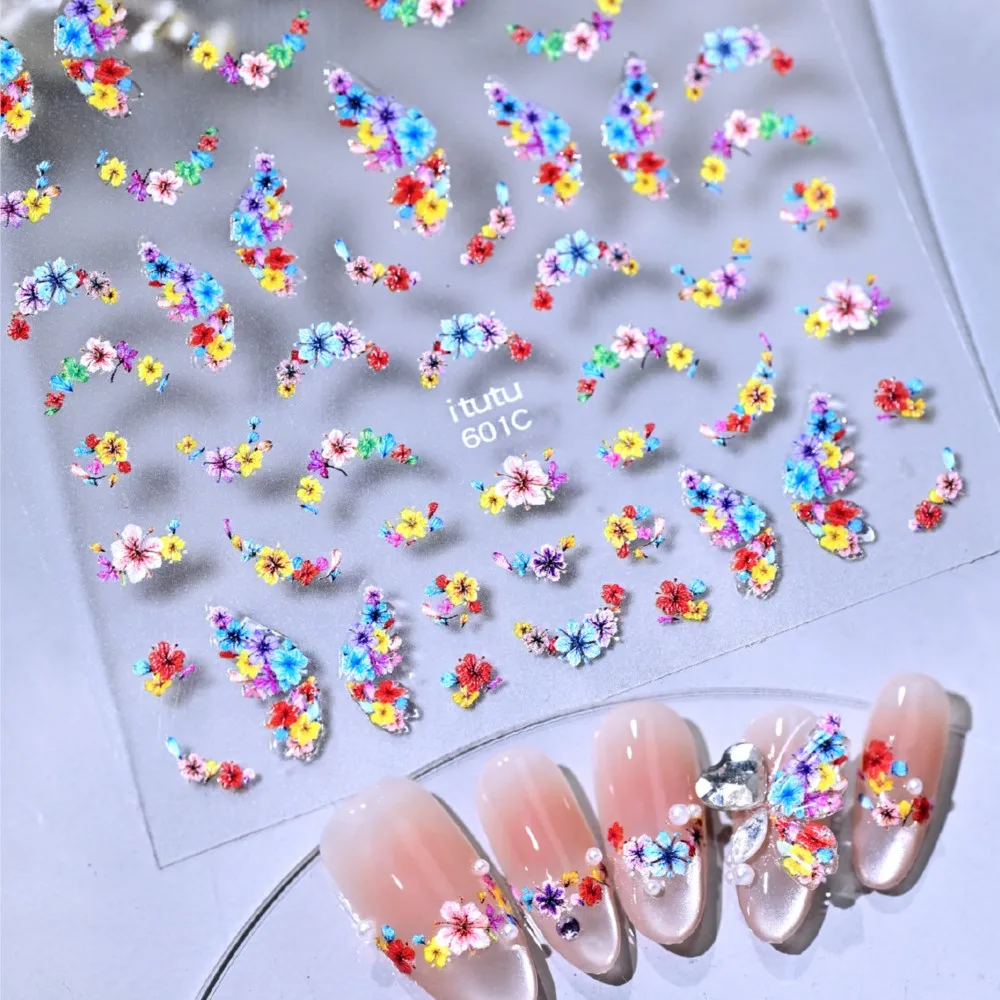 5D Embossed French Arc Simulated Dried Flowers Nail Stickers Summer Dopamine Cute Fresh Wild Florets Decals Manicure Accessories