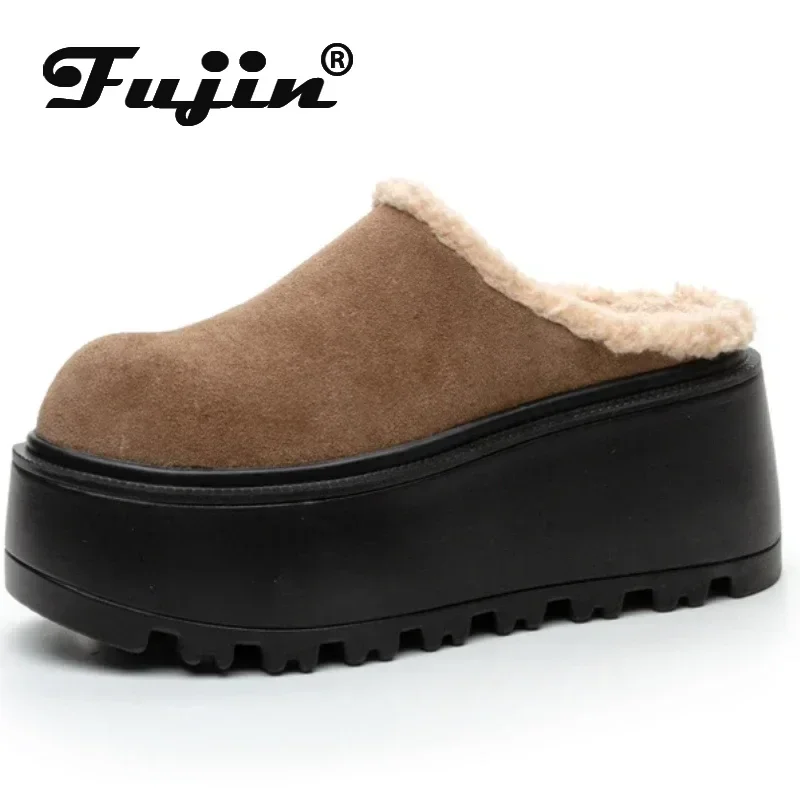 Fujin 8cm Synthetic Suede Genuine Leather Warm Women Platform Wedge Ankle Boots Chunky Sneakers Spring Autumn Winter Plush Shoes