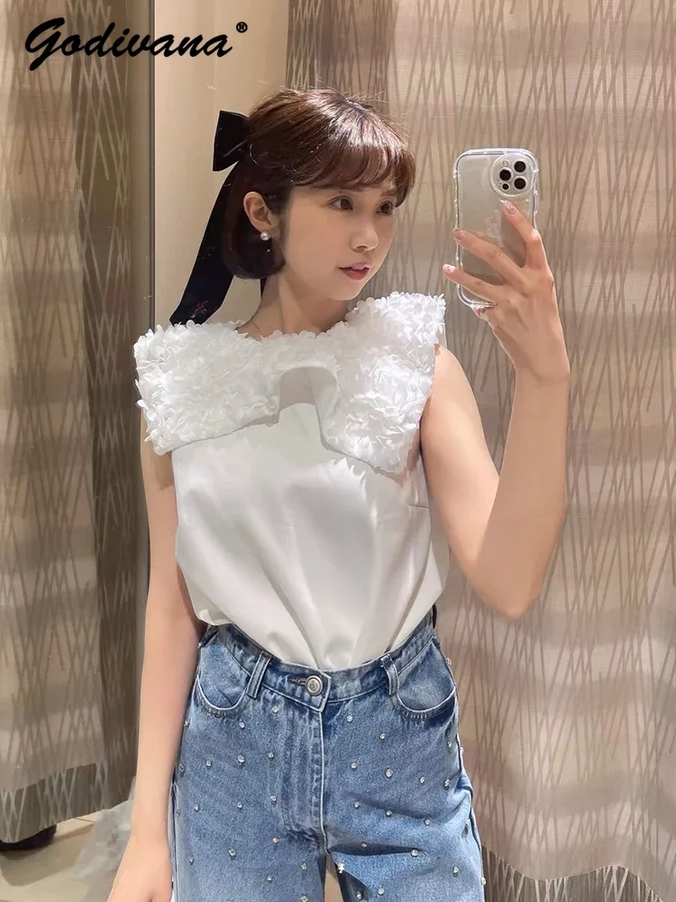 Japanese Style Three-Dimensional Large Petal Collar Sleeveless Top 2024 New Summer Girl Women's White and Black T-shirt