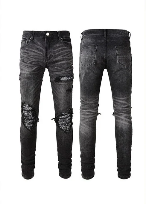 Men Pencil Pants Jeans Vintage Stretch Denim Ankle Length Trousers Mid Waist Skinny Folds Hole Distressed Denims Streetwear