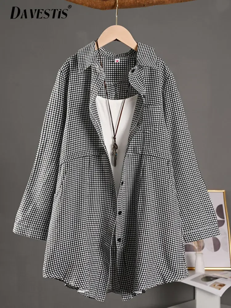 

Korean fashion plaid shirt women's 2023 summer loose oversized long-sleeved shirt women's casual color matching shirt and Blouse