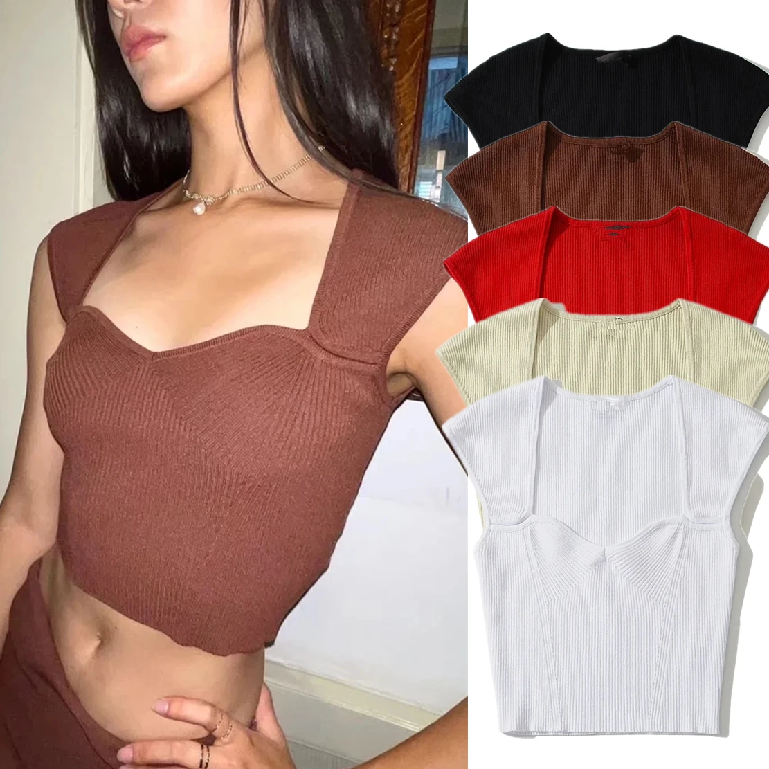 

Withered Ins Fashion Blogger High Street French Vintage Square Collar Sexy Short Knitted Tops 2022 Summer Tshirts Women