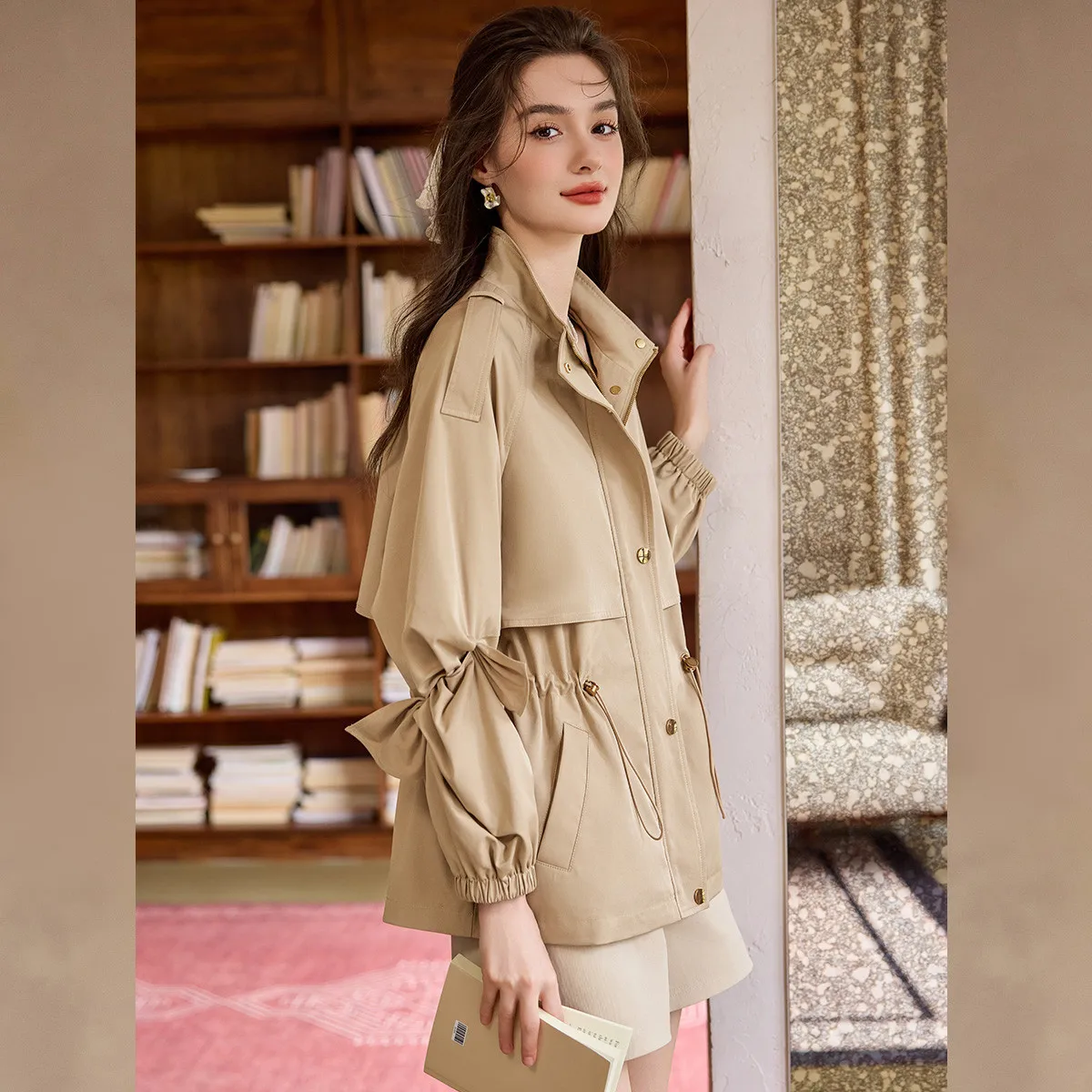 LOUISYAO Commuter Cardigan Coat 2025 Autumn Woven Non-Stretch Drop Sleeves Stand Collar Solid-Color Women's Trench Coat