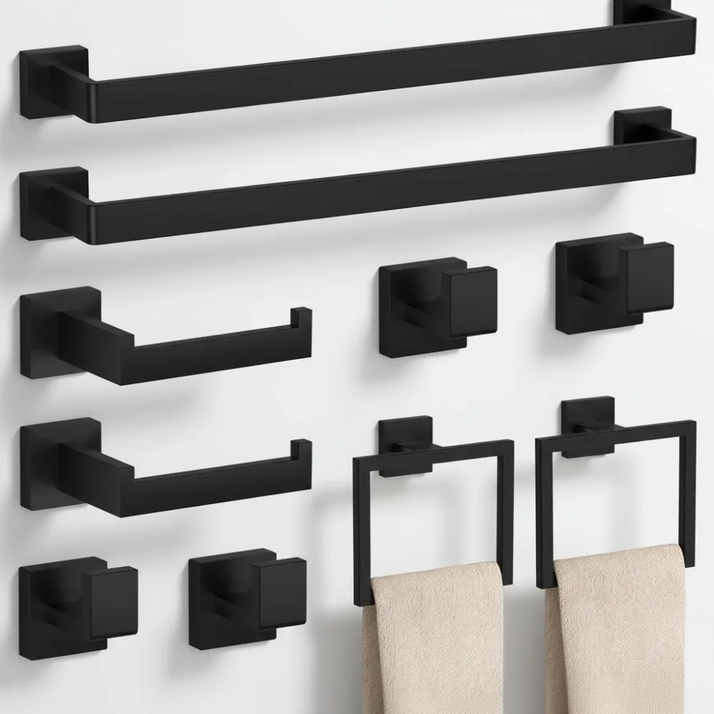 

10-Piece Matte Black Bathroom Set, 304 Stainless Steel Towel Racks, Wall Mounted Hardware for Modern Homes