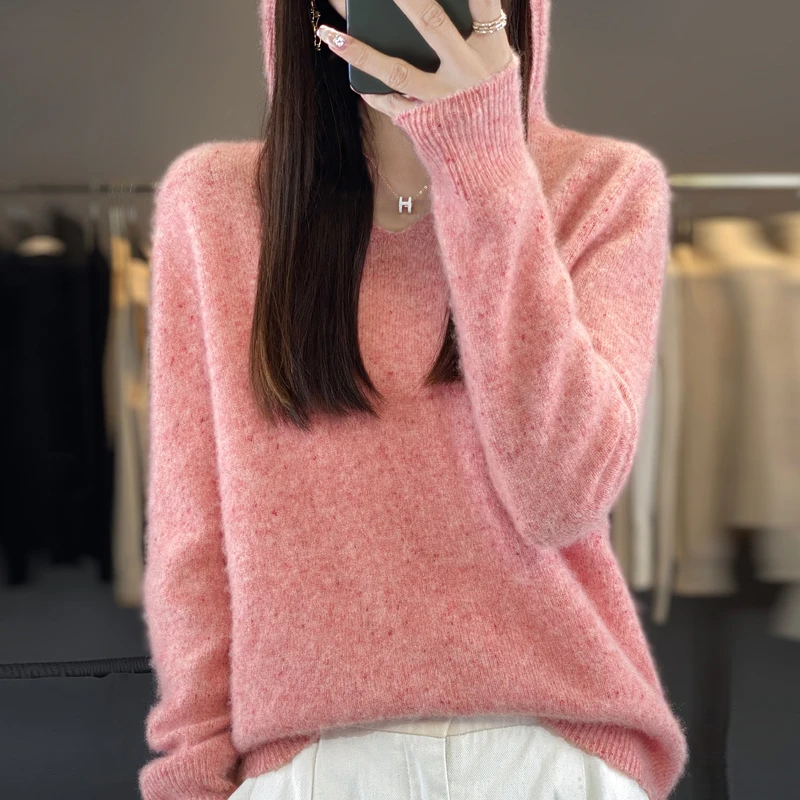 New women\'s hooded sweater in autumn and winter 100% wool V-neck loose fashion cashmere knit bottoming pullover