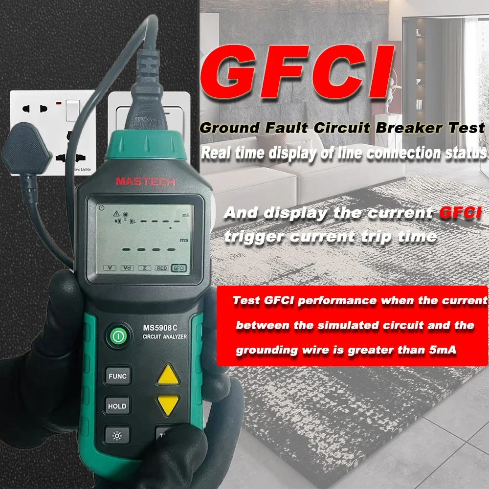 Socket Tester MS5908A/MS5908C AC100-240V LCD Circuit Breaker Analyzer RCD Tester With Voltage GFCI Meter MASTECH