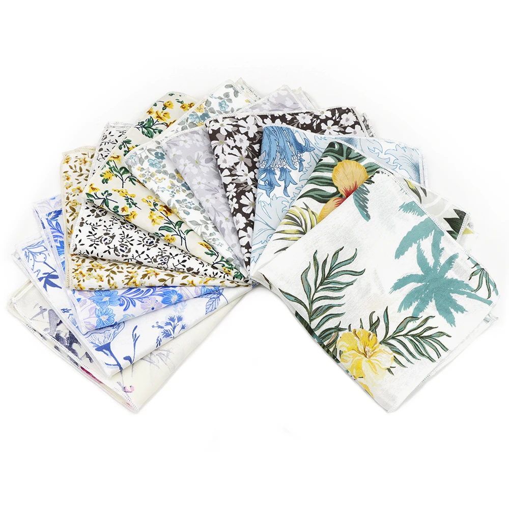 Men's 24cm Cotton Handkerchief Elegant Flower Green Leaves Pattern Pocket Square Wedding Daily Wear Shirt Suit Accessories Gifts