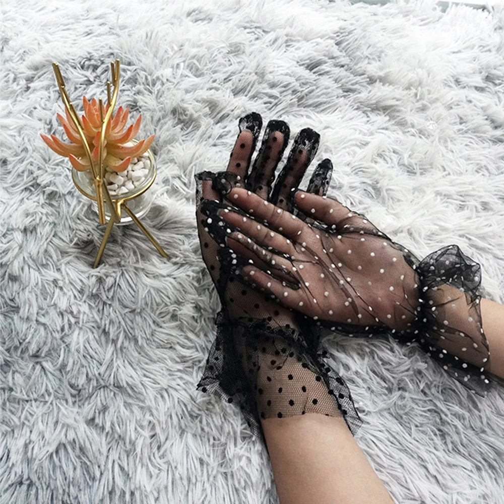 

1 Pair Riding Gloves Full Finger Falbala Stretchy Flexible Accessories Spots Tulle Gloves Spots Gloves Lace Mittens
