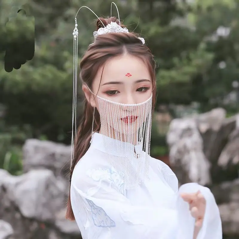 Hanfu Da Mặt Cổ Phong Cách Đắp Mặt Tua Rua Voan Cổ Trang Trí Phụ Kiện Tóc Nữ Anime Mặt Nạ Cho Da Mặt