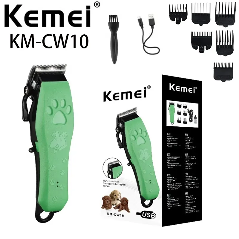 Cartoon Green Pet Grooming Hair Clippers Kemei Km-Cw10 Usb Pet Hair Clipper Rechargeable Trimmer For Dogs