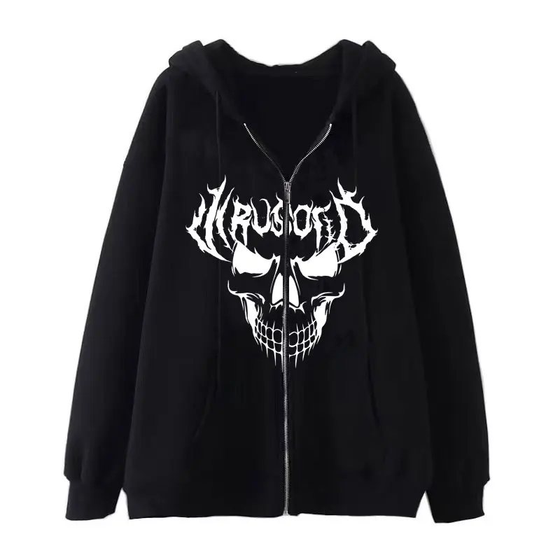 Fashion Y2K Skeleton Hoodies Women Gothic Zip Up Oversized Sweatshirt Ladies Retro Harajuku Hooded Jacket Streetwear