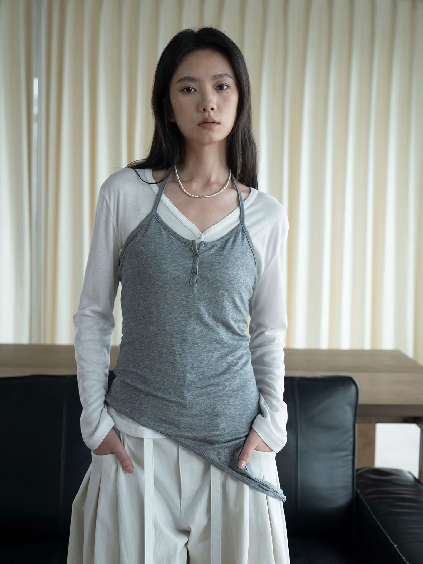 Summer new Korean thin strip strap hanging neck slim fitting suspender top for women